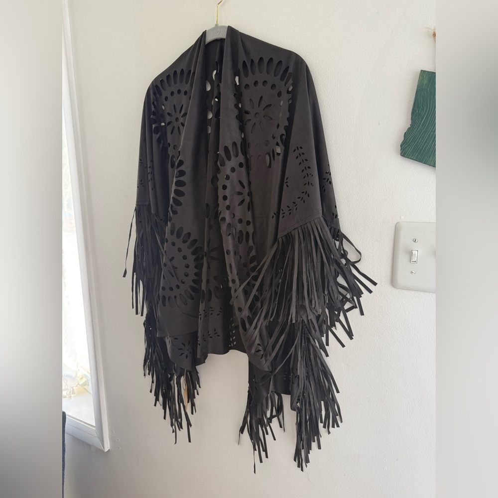 Raj Black Boho Cutout Fringe Shawl - Picture 2 of 8